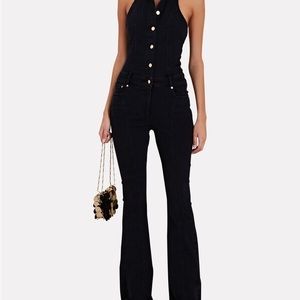 Retrofete “Rhodes” Open Back Flared Leg Halter neck Denim Jumpsuit